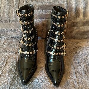 B2 Brown’s Black Patent Leather Buckle Boots